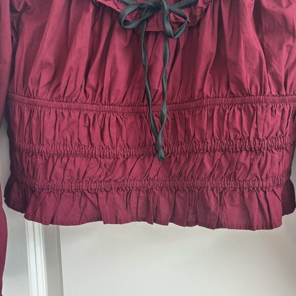American Eagle Long-Sleeve Ruched Poplin Blouse Red Sz L Prarie Vamp Milkmaid - Picture 11 of 12